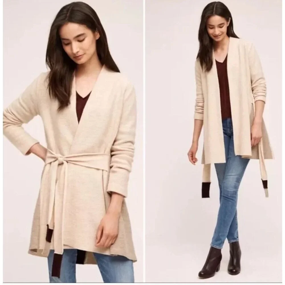 Anthropologie Rosie Neira Denissa Tie Waist Wool Sweater Women's XL Beige - Picture 10 of 17